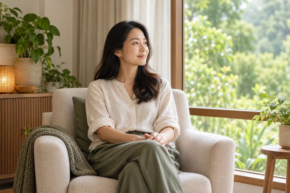 A person resting beside a window overlooking greenery.
