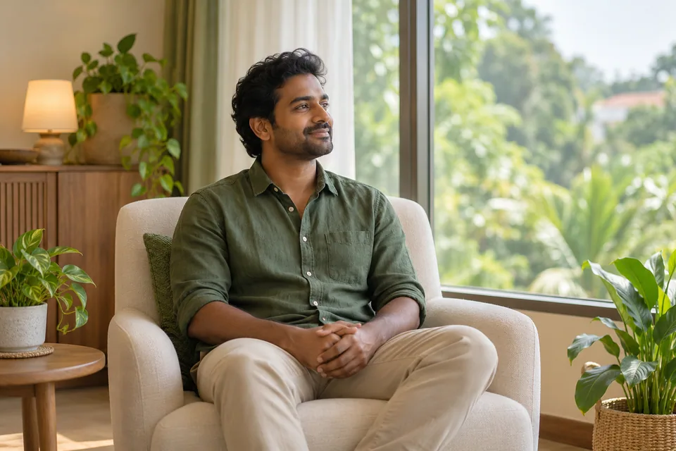 பசுமையை நோக்கிய சன்னலருகில் ஓய்வெடுக்கும் ஒருவர்.