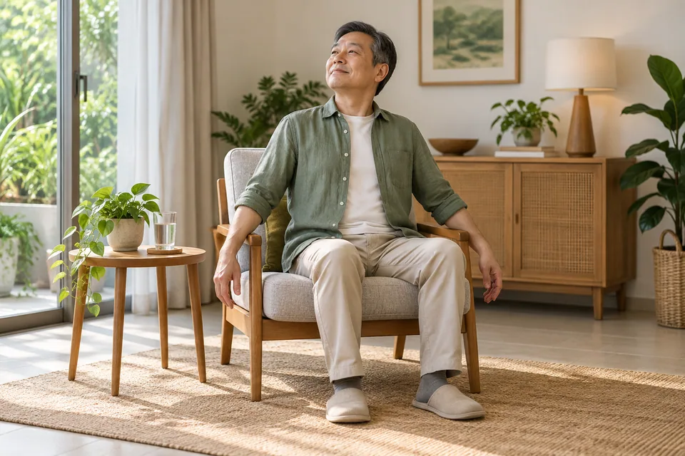 一个人在静坐休息后轻轻伸展身体。