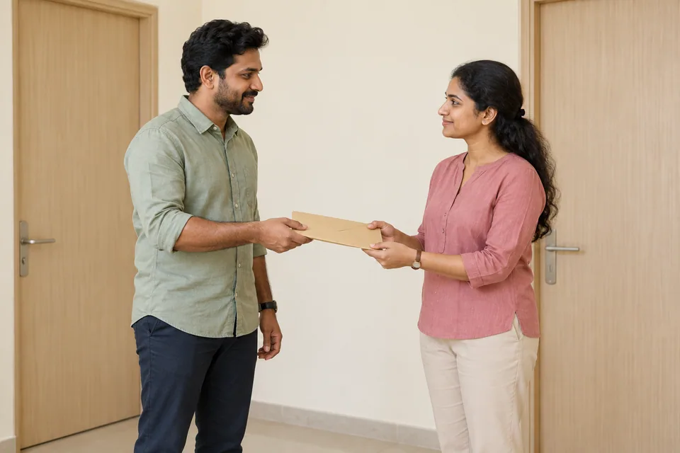 அடையாளமற்ற உறையைச் சக ஊழியரிடம் கொடுக்கும் ஒருவர்.