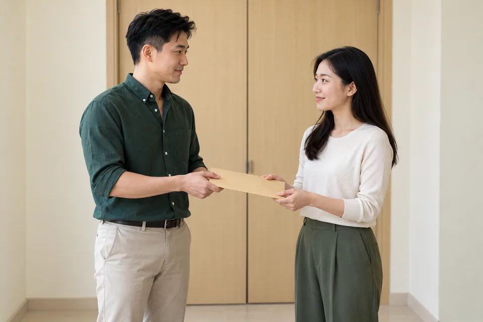 A person handing a plain document envelope to a colleague.