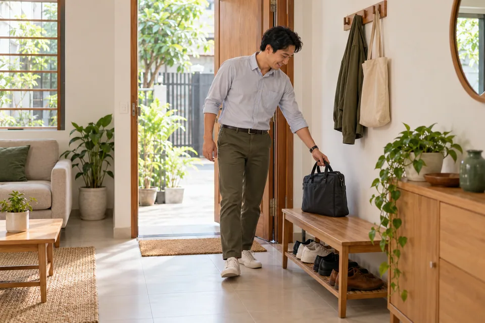Một người đặt túi đi làm lên ghế dài cạnh giày dép ở lối vào.