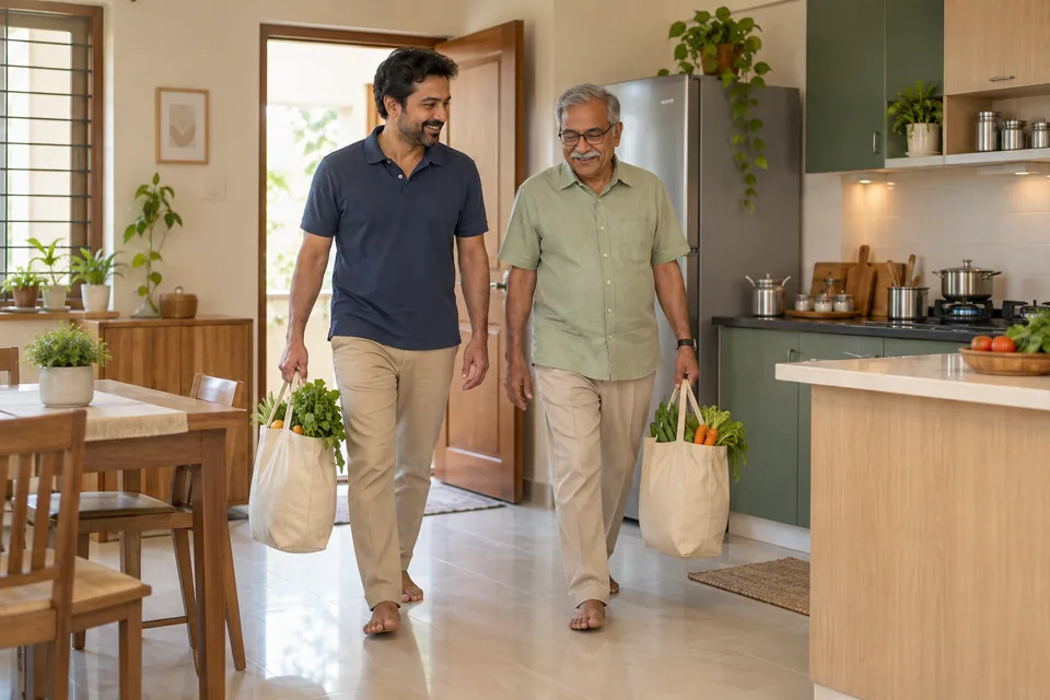 மளிகைப் பைகளை ஒன்றாகச் சமையலறைக்குக் கொண்டு செல்லும் இரு குடும்பத்தினர்.