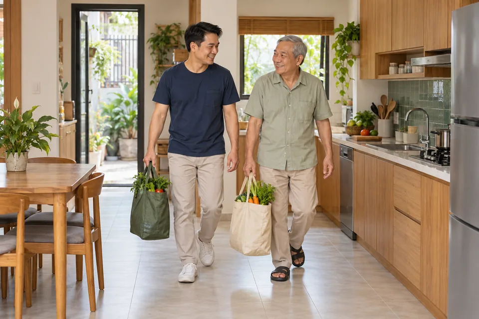 Một người đàn ông và cha lớn tuổi mang túi thực phẩm vào bếp.