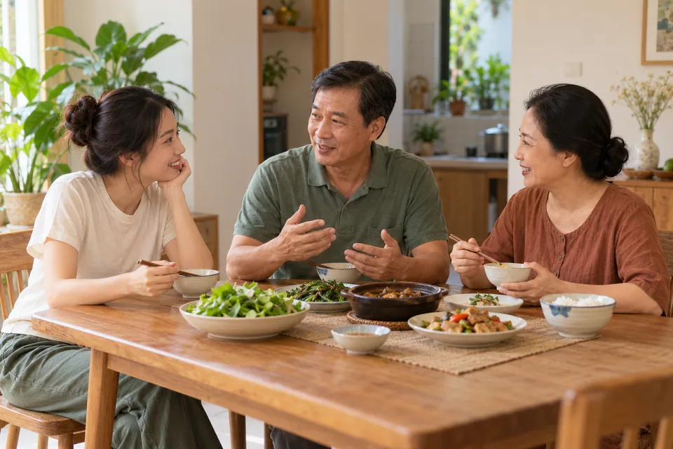 Ba người lớn trò chuyện bên bữa tối tại nhà.