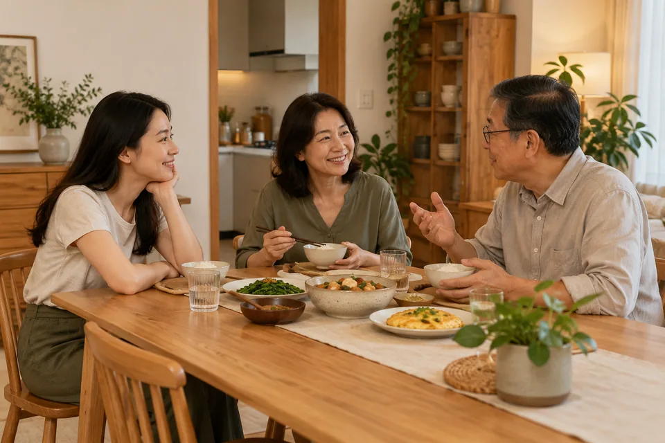 几个人在一起用餐时认真倾听彼此。