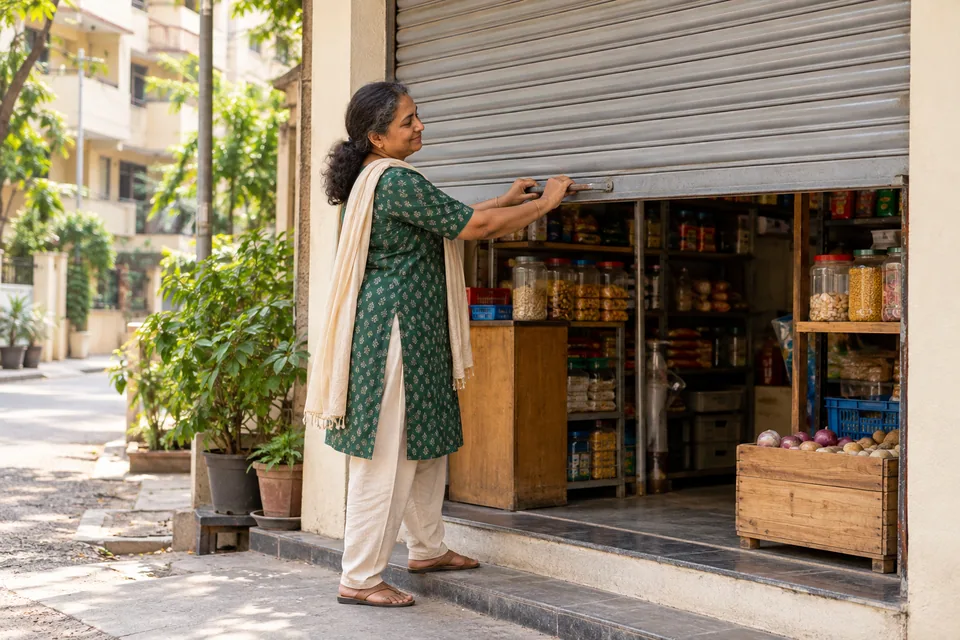 கடையின் பாதி திறந்த சுருள் கதவைப் பிடித்திருக்கும் ஒருவர்.