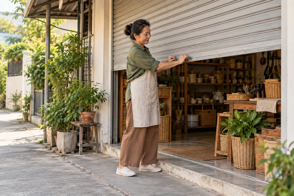 เจ้าของร้านกำลังเลื่อนประตูม้วนลงเมื่อเลิกงาน