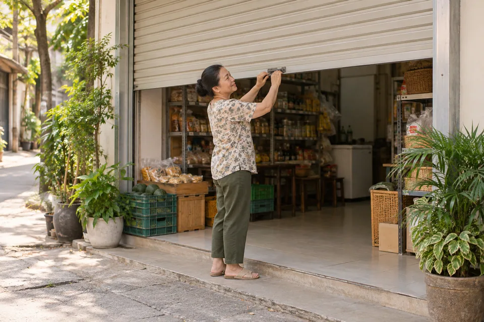 Một phụ nữ kéo cửa cuốn của cửa hàng nhỏ xuống bằng tay nắm giữa.