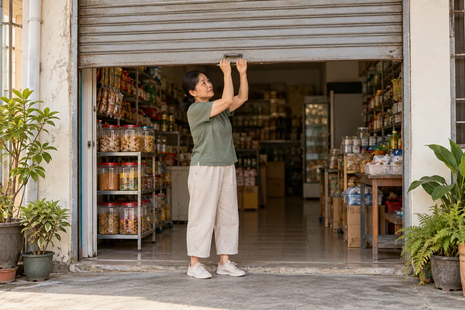 一位店主正在拉下没有标识的店铺卷帘门。
