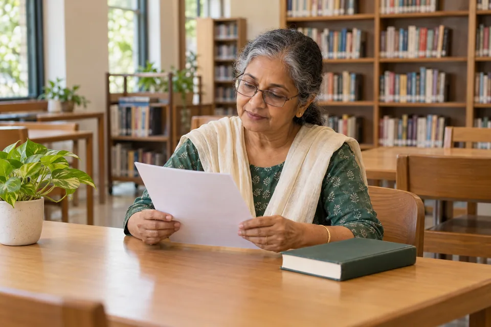 நூலகத்தில் கண்ணாடி அணிந்து தாளை வாசிக்கும் ஒருவர்.