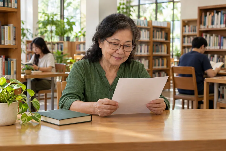 Một phụ nữ đeo kính đọc tờ giấy ở bàn thư viện, cạnh cuốn sách đóng.