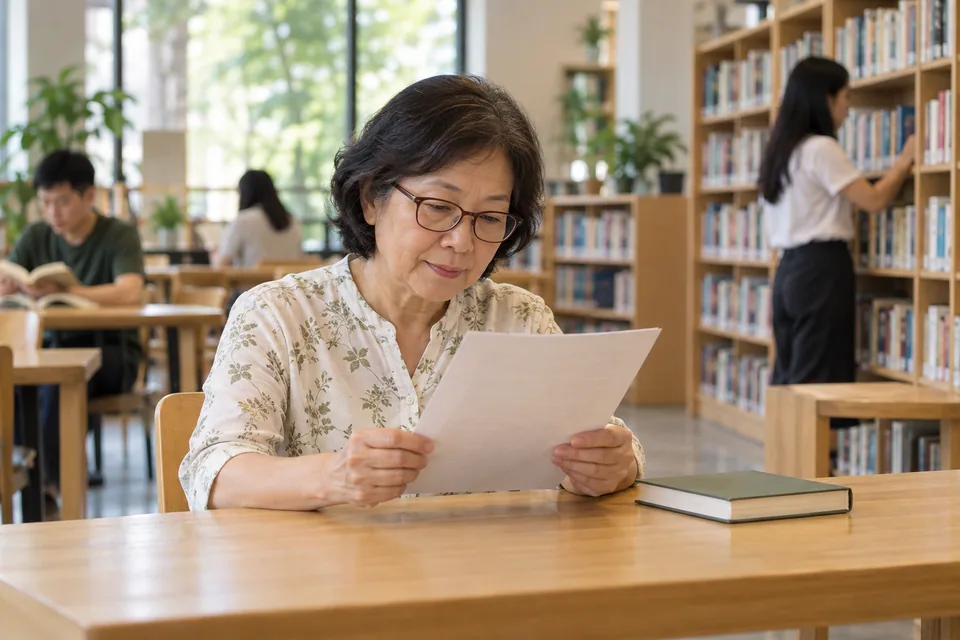 A person reading a paper source with reading glasses.