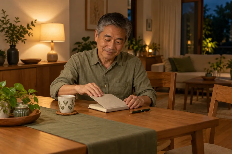 A person closing a notebook beside a warm lamp.