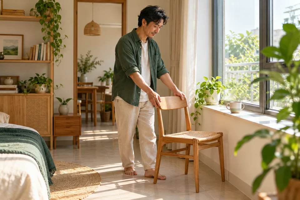 Một người kéo ghế lại gần cửa sổ; chiếc cốc đặt trên bệ cửa.