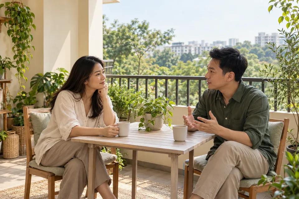 A woman and man talk across a balcony table with cups in front of them.