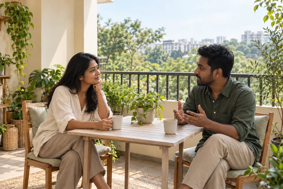 ஒரு பெண்ணும் ஆணும் பால்கனி மேசையில் பேசுகிறார்கள்; அவர்களுக்கு முன் கோப்பைகள் உள்ளன.