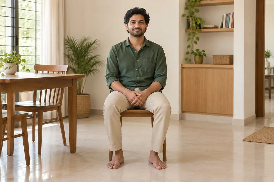 கால்களைத் தரையில் வைத்து கைகளை மடியில் வைத்துச் சாதாரண நாற்காலியில் அமர்ந்திருக்கும் ஒருவர்.