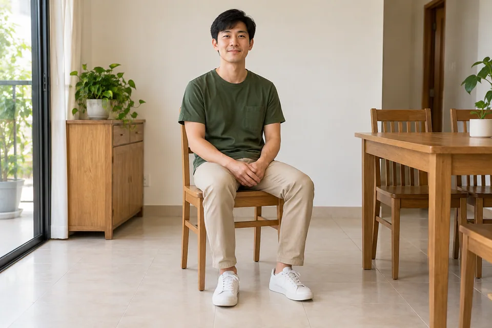 Một người đàn ông ngồi thẳng trên ghế thường, đặt chân trên sàn và tay trên đùi.