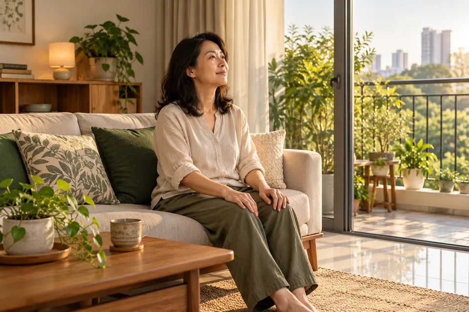 A person taking a quiet seated break at home.