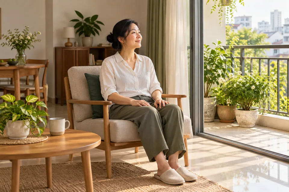 Một người nghỉ một lát trên ghế cạnh ban công có nắng.