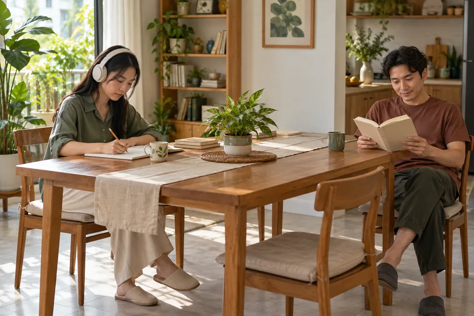 Một người đeo tai nghe viết bằng bút chì ở bàn, người kia đọc sách.