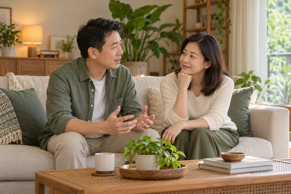 Two people having a supportive conversation in a quiet room.