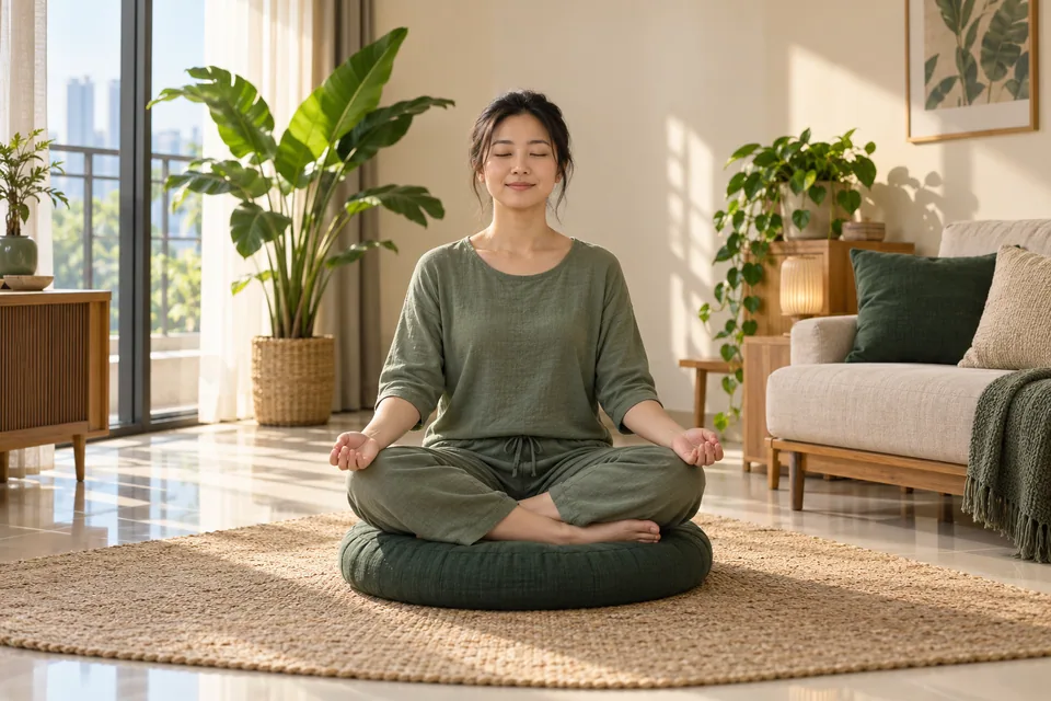 A person sitting quietly on a cushion in a sunlit room.