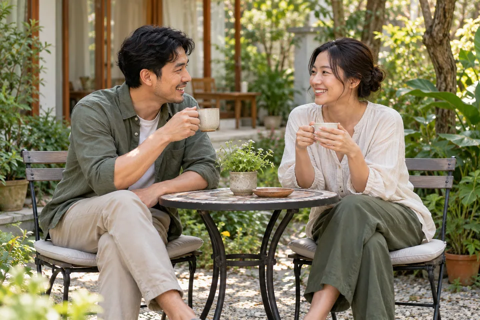 เพื่อนสองคนนั่งพูดคุยกันที่โต๊ะเล็กในสวน