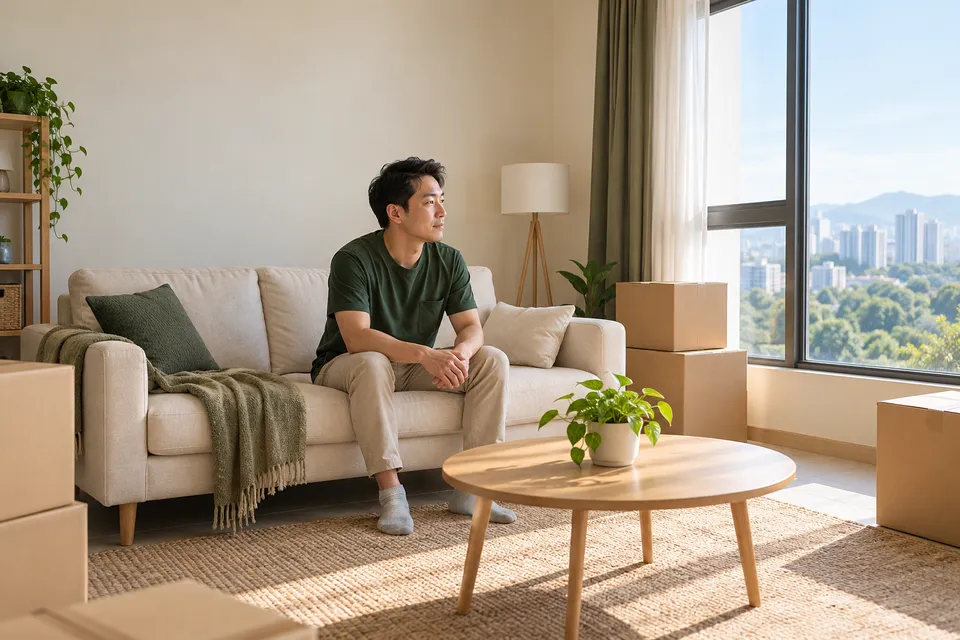 A man sits on a sofa beside cardboard boxes and looks out the window.