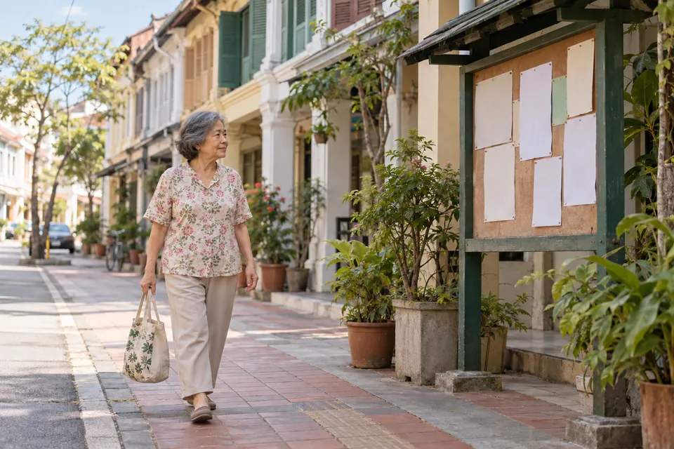 Một phụ nữ lớn tuổi mang túi vải đi ngang bảng thông báo và dãy nhà phố.