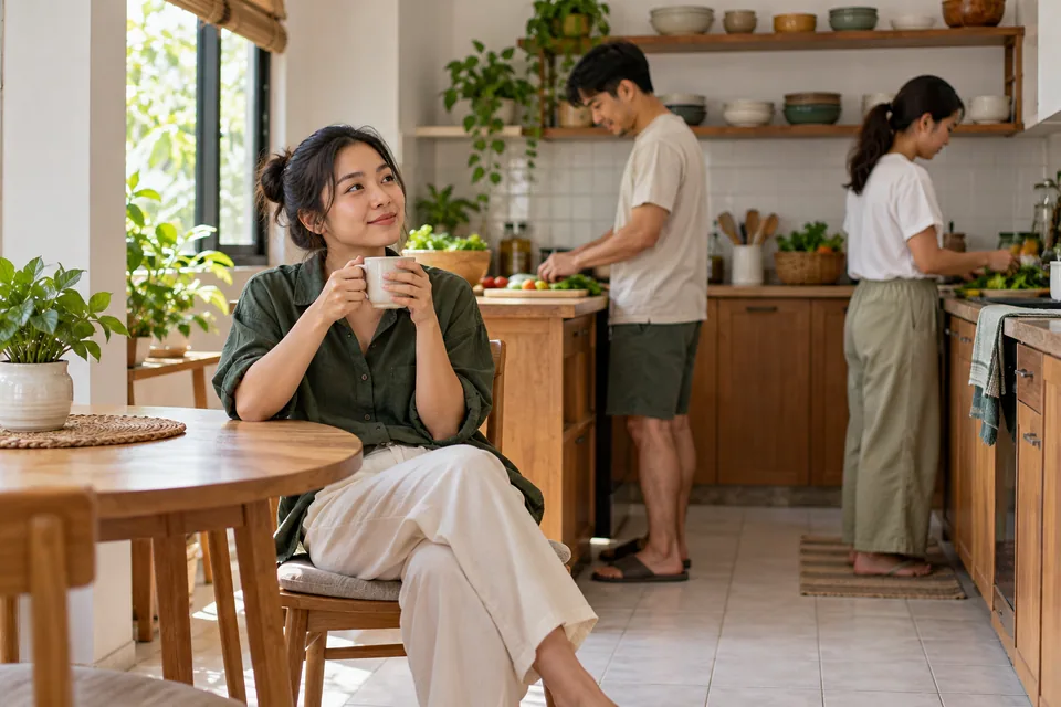 คนคนหนึ่งนั่งพัก ขณะที่เพื่อนร่วมบ้านสองคนเตรียมอาหาร