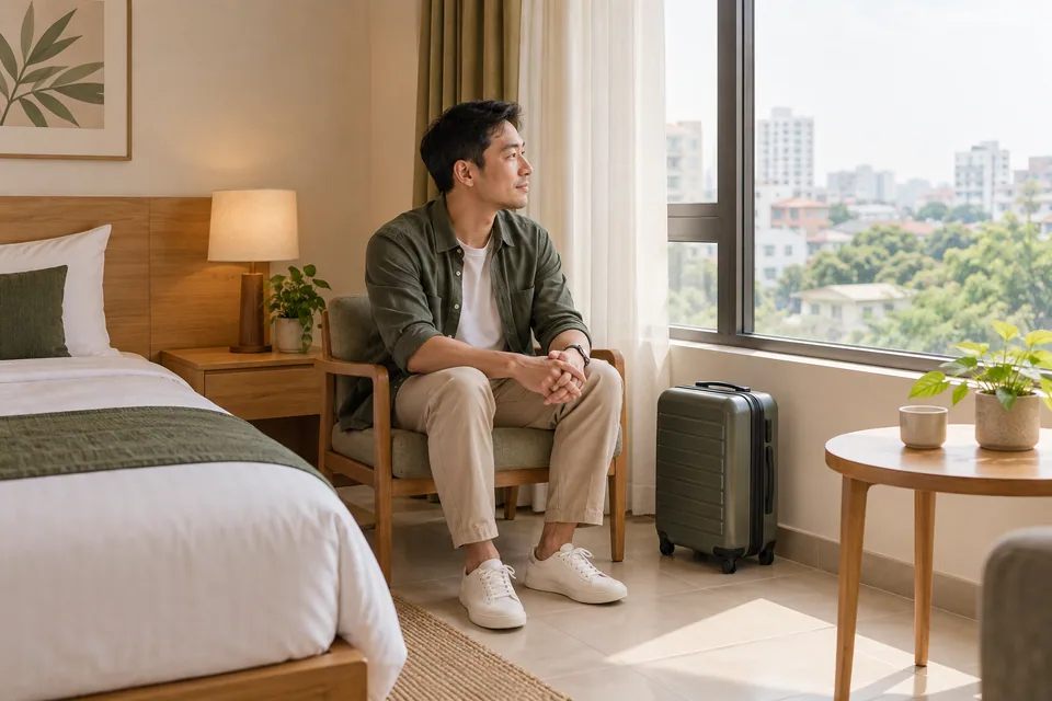 Một người ngồi bên cửa sổ phòng khách sạn, cạnh chiếc vali đóng.