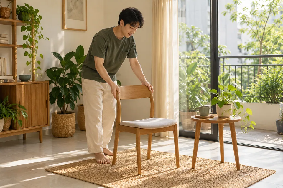 Một người đặt ghế ăn cạnh thức uống buổi sáng.