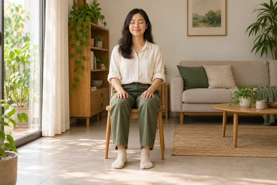 Một người ngồi trên ghế, nhắm mắt và đặt hai bàn chân trên sàn.