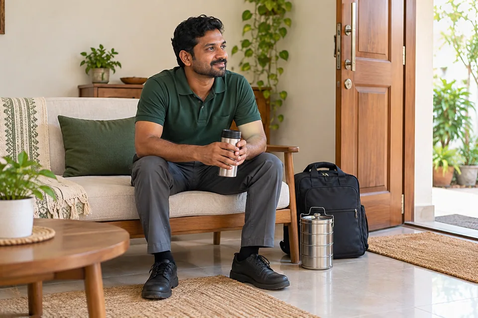 வேலைப்பையும் உணவுப்பெட்டியும் அருகில் இருக்க வீட்டில் அமர்ந்திருக்கும் ஒருவர்.