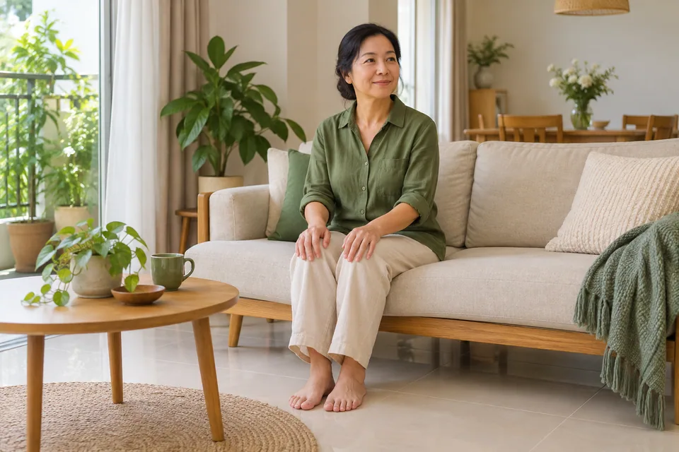 Một phụ nữ ngồi mở mắt, đặt tay lên gối và hai bàn chân trên sàn.
