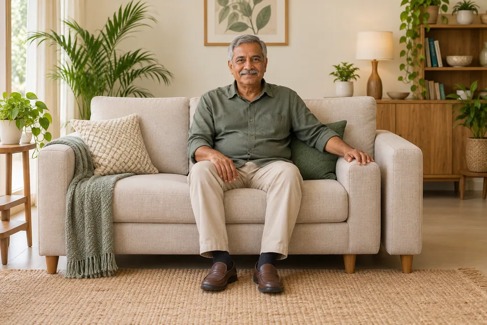 முதுகின் பின்னால் மெத்தை வைத்து சோபாவில் அமர்ந்திருக்கும் ஒருவர்.
