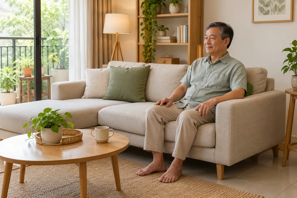 Một người lớn tuổi ngồi trên sofa với gối đỡ lưng dưới.