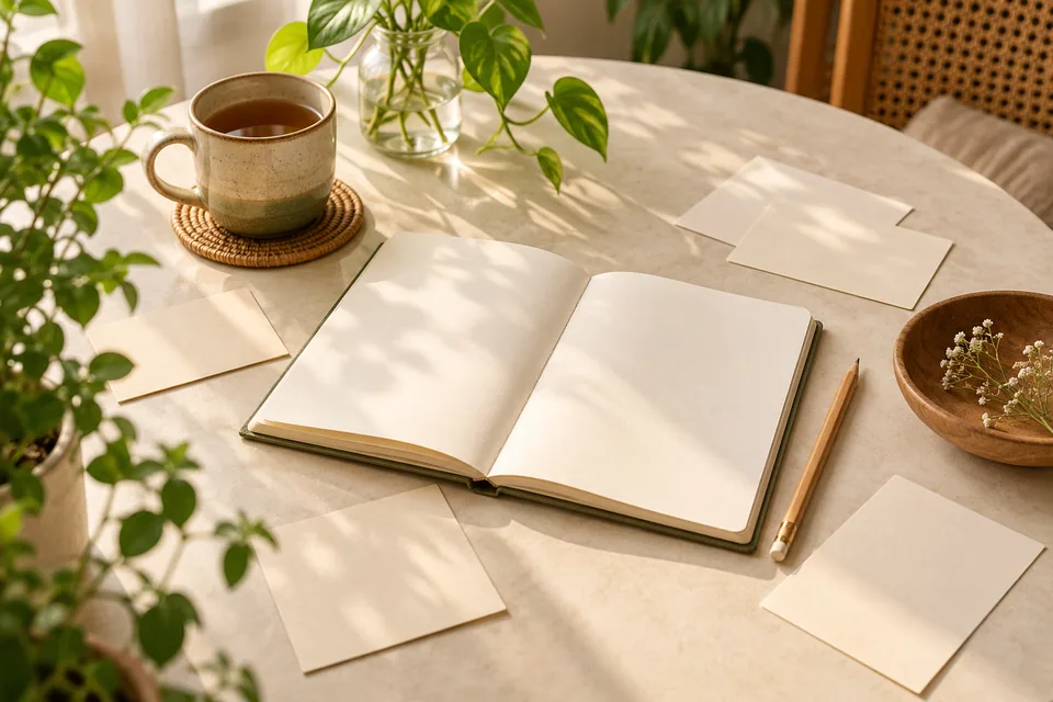 Sổ tay mở trang trắng, bút chì và vài tờ giấy trống trên bàn.