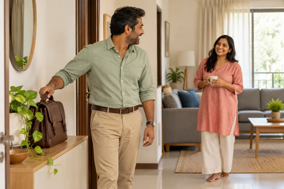 வேலைப்பையை வைத்துவிட்டு குடும்பத்தினரை நோக்கித் திரும்பும் ஒருவர்.