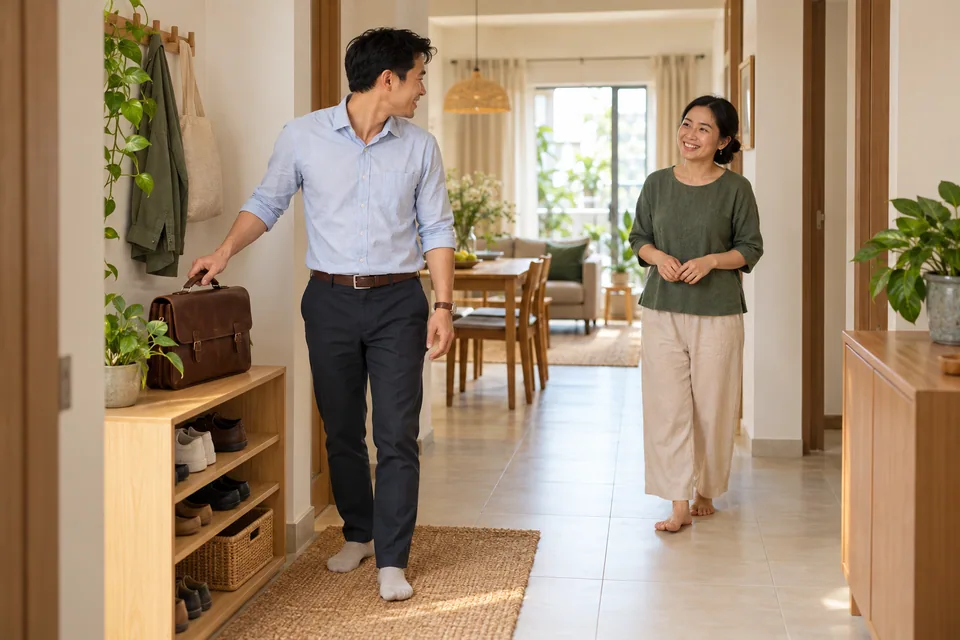 Một người đặt túi đi làm lên kệ ở lối vào rồi quay về phía người thân.