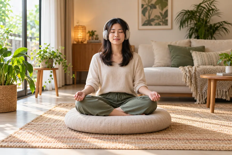 A person sitting quietly with headphones during a guided meditation.