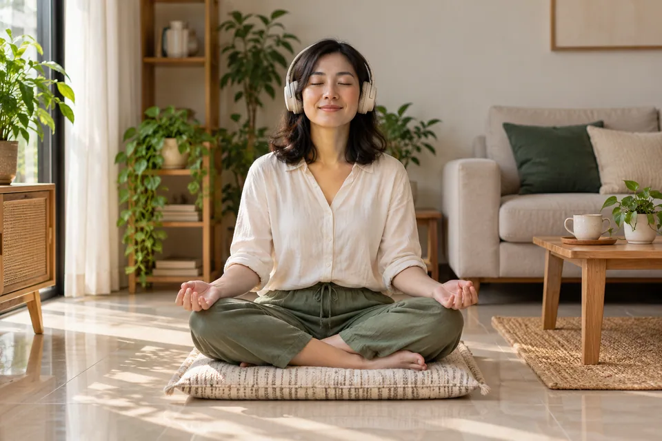 Một người ngồi trên đệm, đeo tai nghe và nhắm mắt.