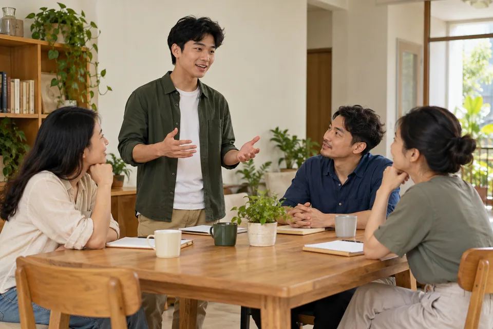 Một người đàn ông trẻ nói chuyện trước ba người đang lắng nghe quanh bàn.
