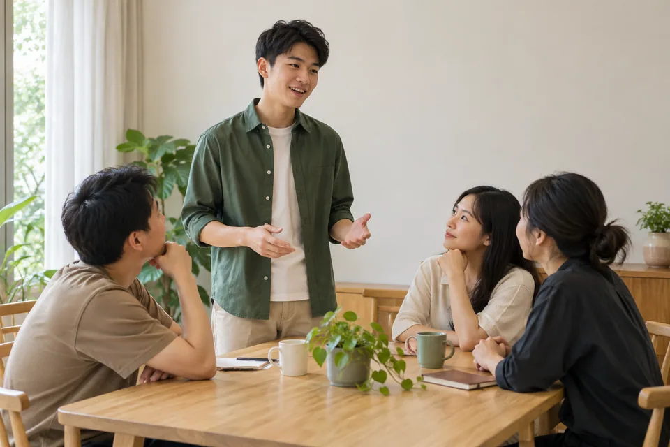 一个人向几位同伴发言。