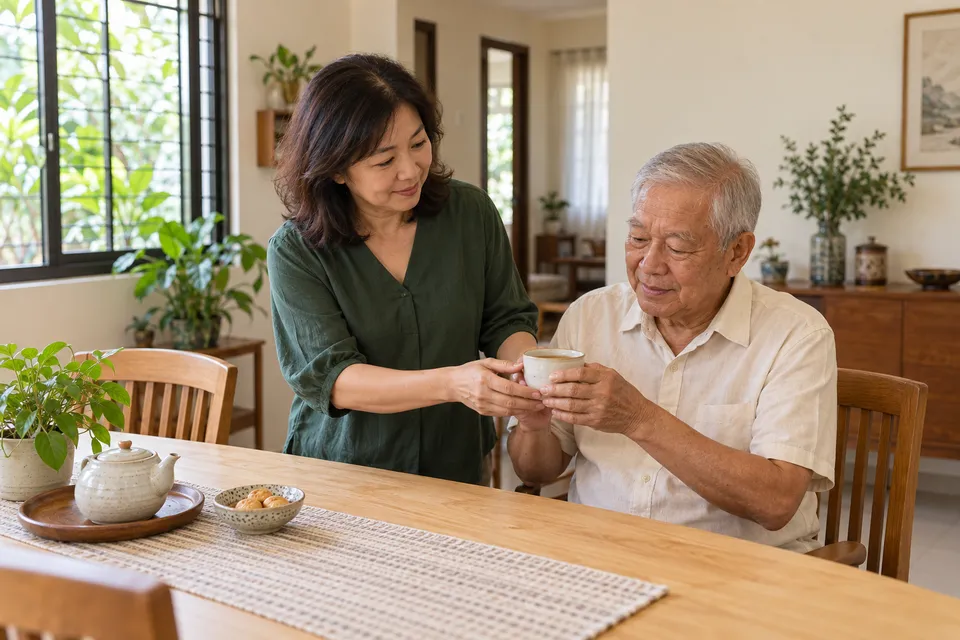 一名女子在餐桌旁帮一位年长男子端着杯子。