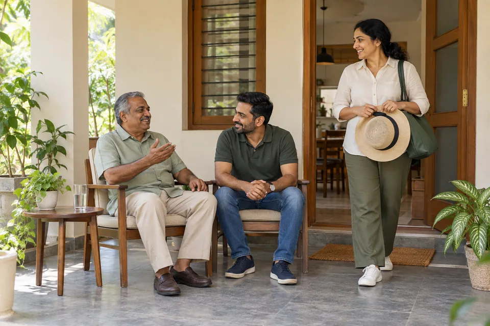 ஒருவர் ஓய்வுக்காக வெளியே செல்லத் தயாராகும்போது உரையாடும் இரு குடும்பத்தினர்.