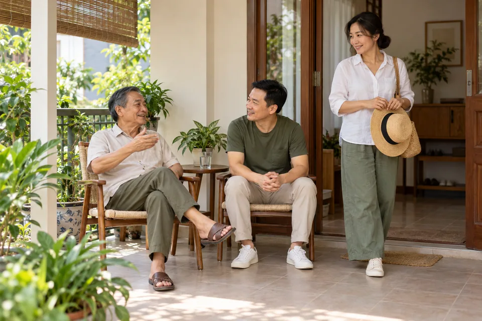 Người cha và con trai trò chuyện trên hiên, một phụ nữ cầm mũ đứng gần cửa.