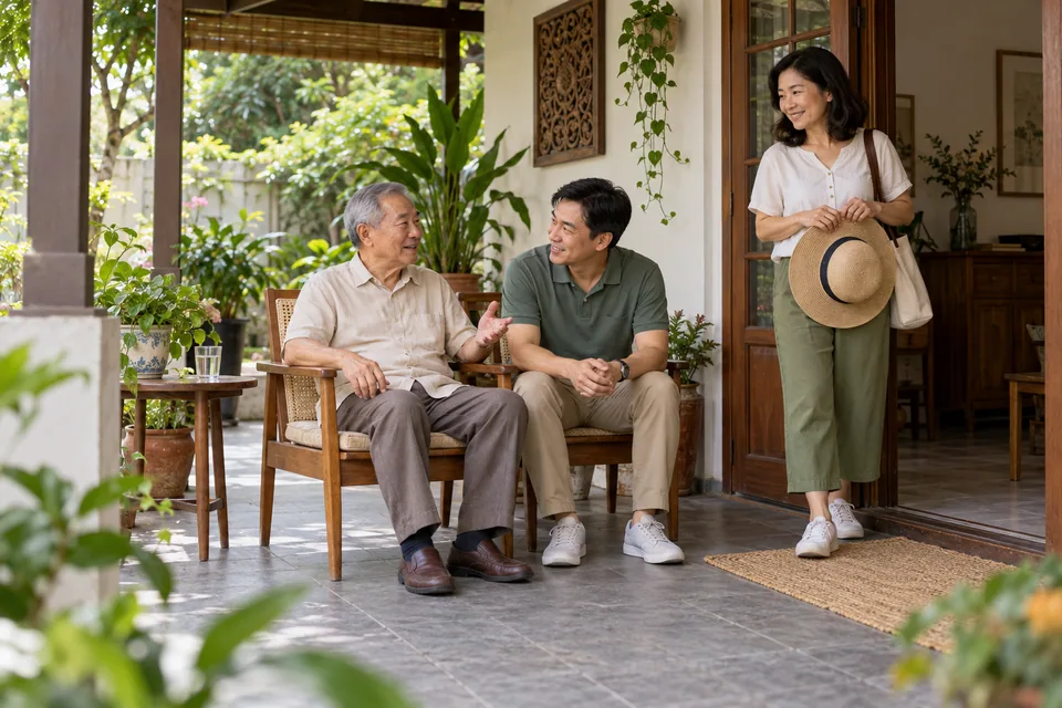 Two family members talking while another prepares to take a break.
